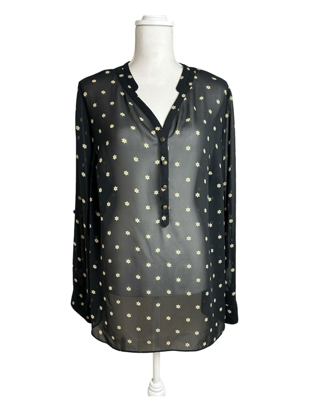 Sheer Black Gold Star Pattern V-Neck Button Front Blouse Size 1X